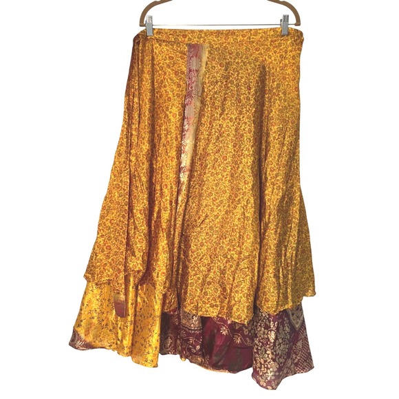 Mexicali Blues Silk Wrap Skirt Size XL Floral Print Bohemian Layered Maxi India - Picture 2 of 10